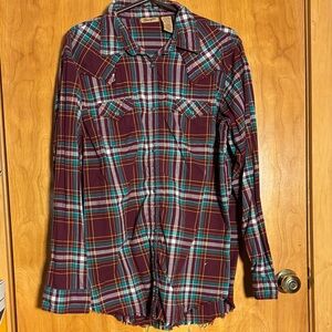 Wrangler Maroon Plaid Shirt with Teal & Yellow Accents